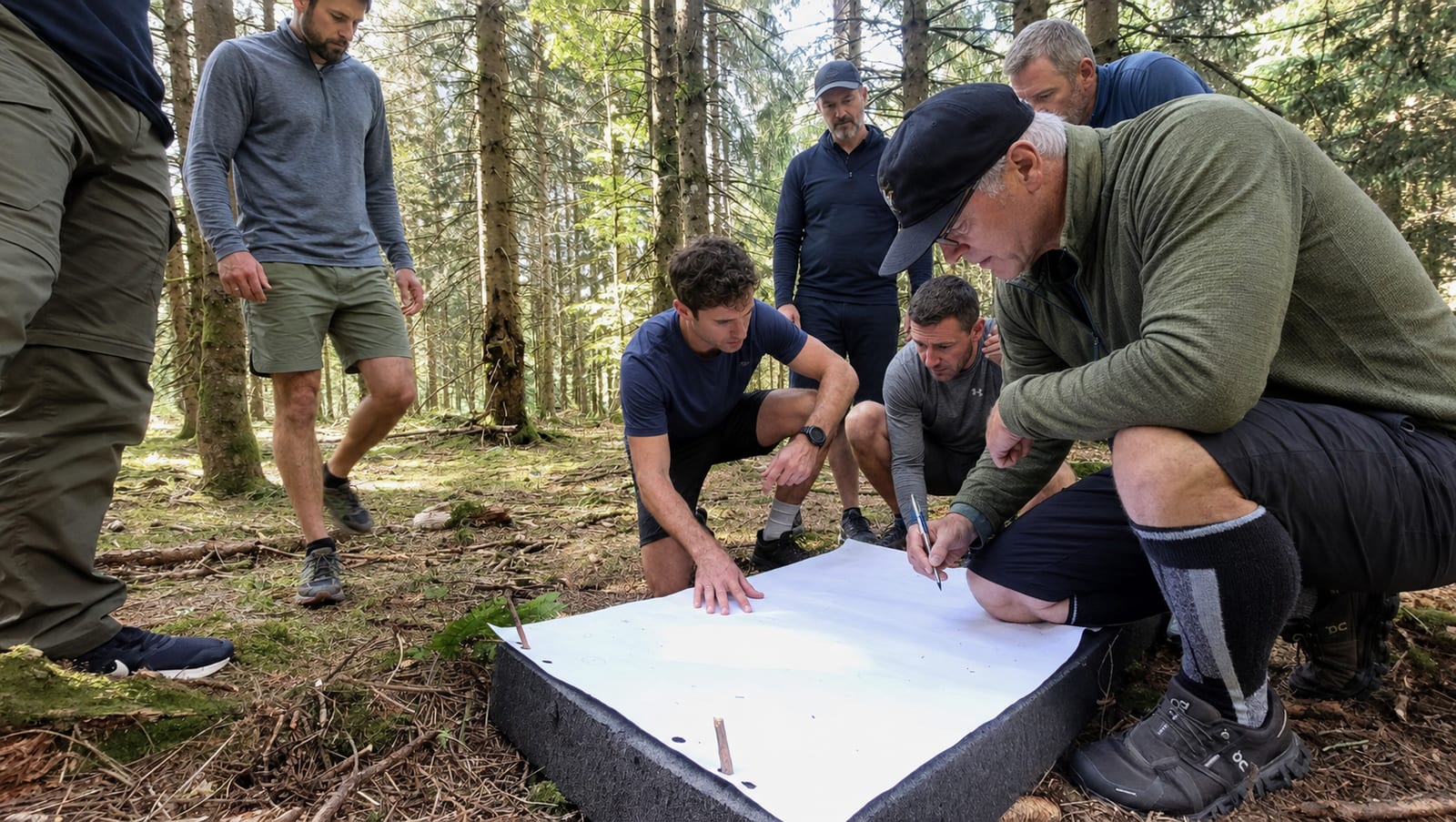 Management by Nature – Führungskräfte planen gemeinsam an einer Karte am Waldboden