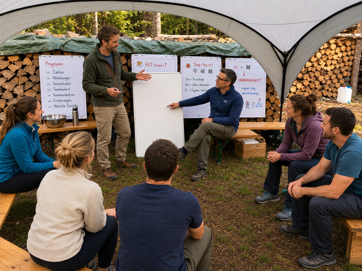 Management by Nature – Team im Workshop unter dem Shelter mit Flipcharts im Wald